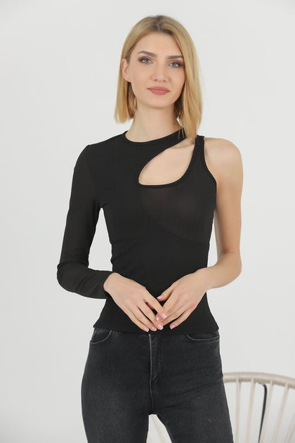 Women's Ribbed Cut One Sleeve Detail Top - WST334