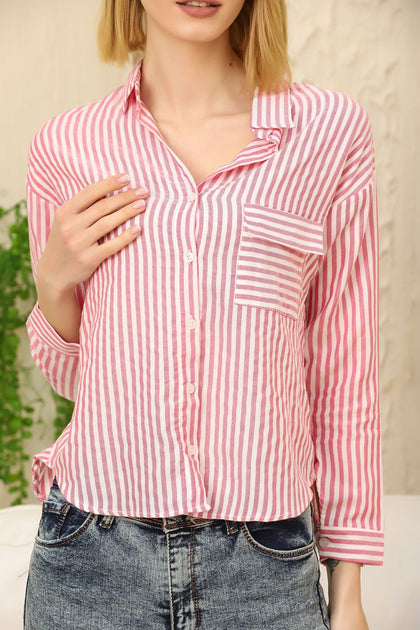 Women's Pocket Button Detail Striped Top - WST346