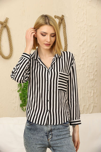 Women's Pocket Button Detail Striped Top - WST347