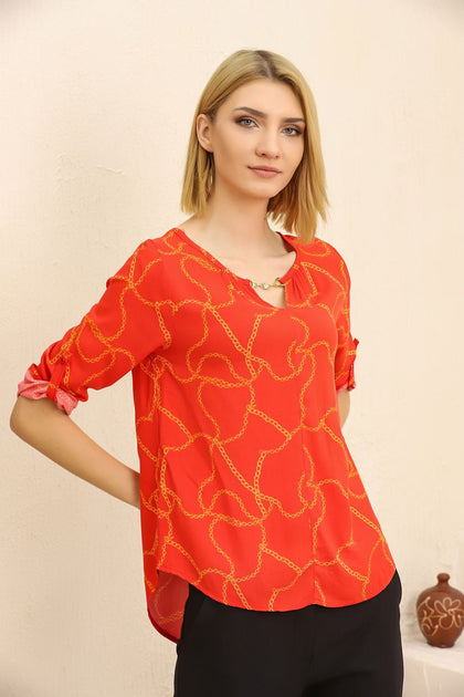 Women's Printed Neck Embellished Detail Top - WST351