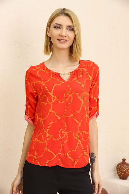 Women's Printed Neck Embellished Detail Top - WST351