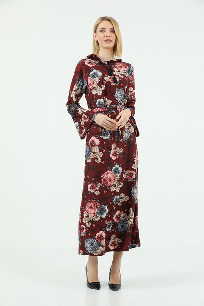 Women's Tie Neck Printed Lace Detail Maxi Dress - MWMSD193