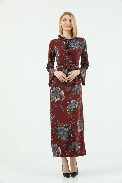 Women's Tie Neck Printed Lace Detail Maxi Dress - MWMSD195