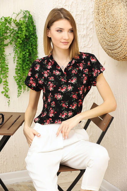 Women's Printed Button Detail Top - WST386