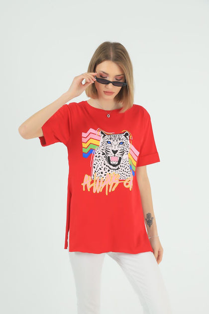 Women's Oversized Printed Detail Cotton T-Shirt MEPST559