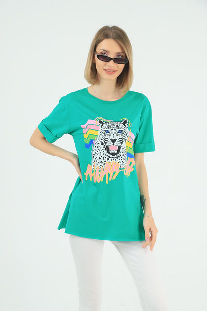 Women's Oversized Printed Detail Cotton T-Shirt MEPST560