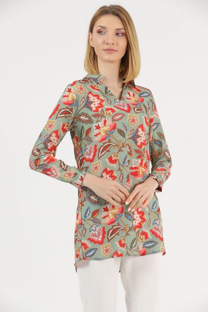 Women's Long Printed Tunic Detail Top - WST471