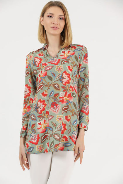 Women's Long Printed Tunic Detail Top - WST471