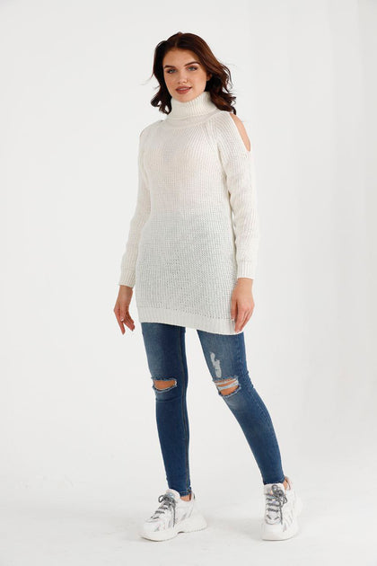 Women's High Neck Detail Long Sweater by Memnu - MEWS811