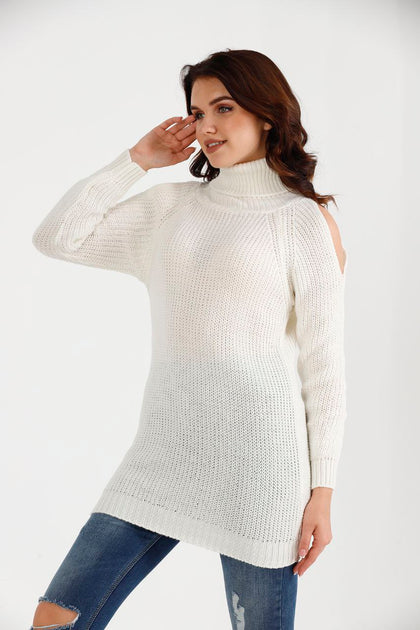 Women's High Neck Detail Long Sweater by Memnu - MEWS811