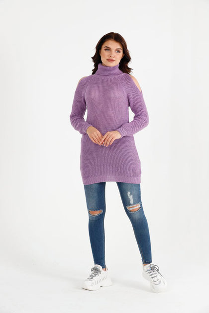 Women's High Neck Detail Long Sweater by Memnu - MEWS812