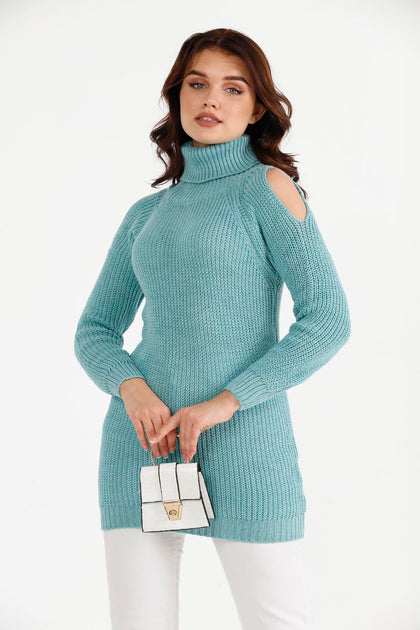 Women's High Neck Detail Long Sweater by Memnu - MEWS813