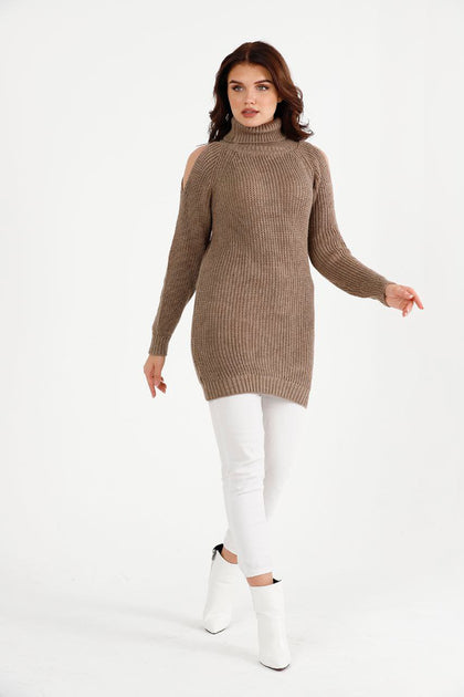 Women's High Neck Detail Long Sweater by Memnu - MEWS814