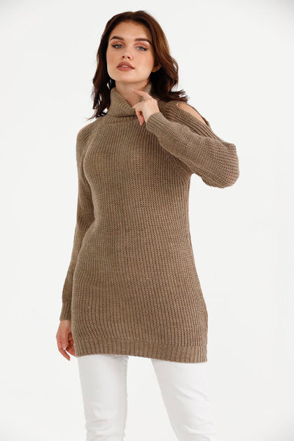 Women's High Neck Detail Long Sweater by Memnu - MEWS814