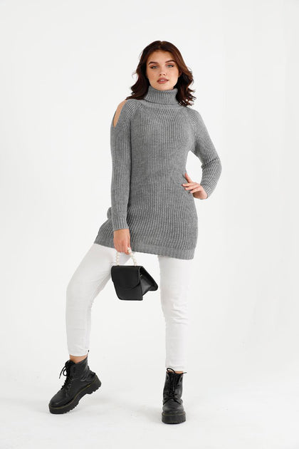 Women's High Neck Detail Long Sweater by Memnu - MEWS815