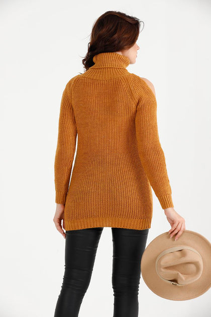 Women's High Neck Detail Long Sweater by Memnu - MEWS817