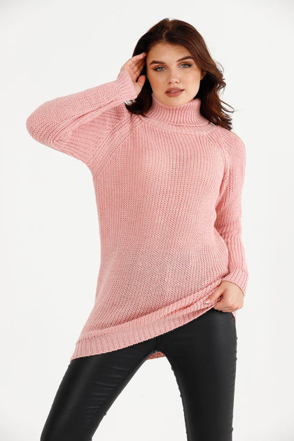 Women's High Neck Detail Long Sweater by Memnu - MEWS818