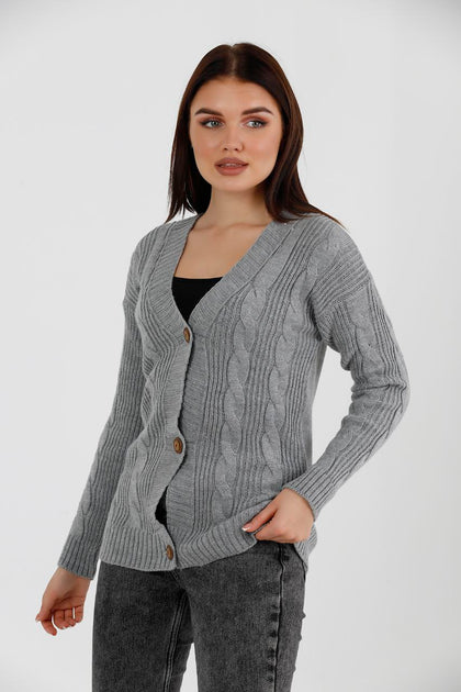 Women's Knitted Cable Knit Cardigan Button Detail by Memnu - MEWS820