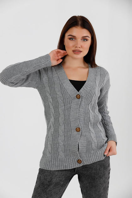 Women's Knitted Cable Knit Cardigan Button Detail by Memnu - MEWS820