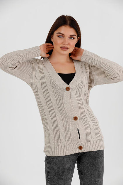 Women's Knitted Cable Knit Cardigan Button Detail by Memnu - MEWS821