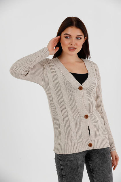 Women's Knitted Cable Knit Cardigan Button Detail by Memnu - MEWS821