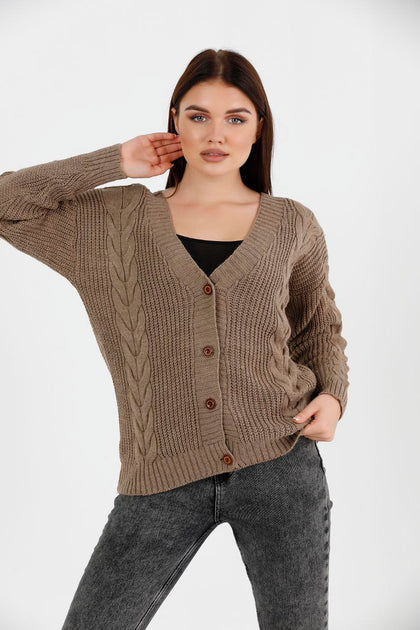 Women's Knitted Cable Knit Cardigan Button Detail by Memnu - MEWS824