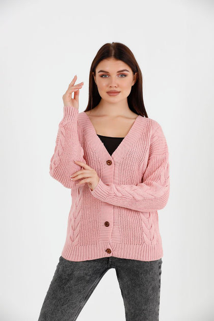 Women's Knitted Cable Knit Cardigan Button Detail by Memnu - MEWS826