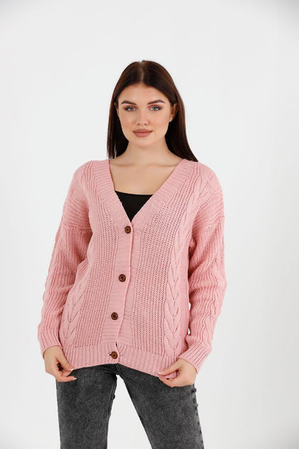 Women's Knitted Cable Knit Cardigan Button Detail by Memnu - MEWS826