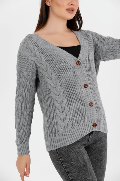 Women's Knitted Cable Knit Cardigan Button Detail by Memnu - MEWS827