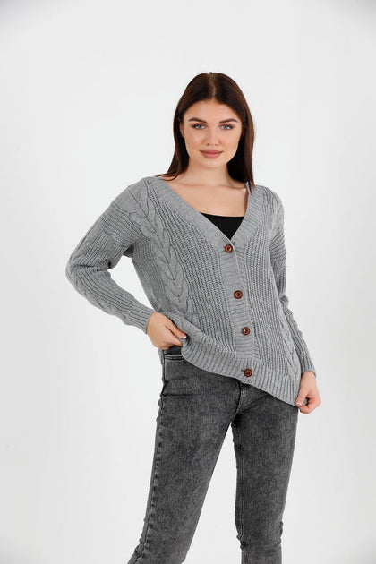 Women's Knitted Cable Knit Cardigan Button Detail by Memnu - MEWS827