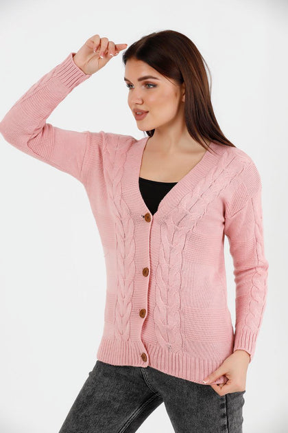 Women's Knitted Cable Knit Cardigan Button Detail by Memnu - MEWS829