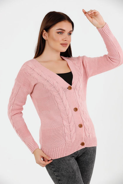 Women's Knitted Cable Knit Cardigan Button Detail by Memnu - MEWS829