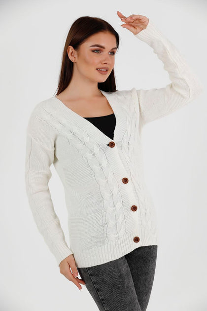 Women's Knitted Cable Knit Cardigan Button Detail by Memnu - MEWS830