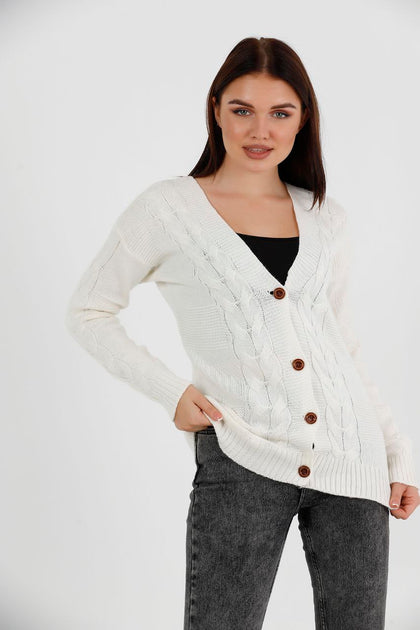 Women's Knitted Cable Knit Cardigan Button Detail by Memnu - MEWS830