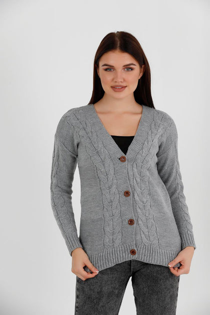 Women's Knitted Cable Knit Cardigan Button Detail by Memnu - MEWS831