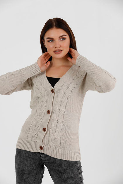 Women's Knitted Cable Knit Cardigan Button Detail by Memnu - MEWS832