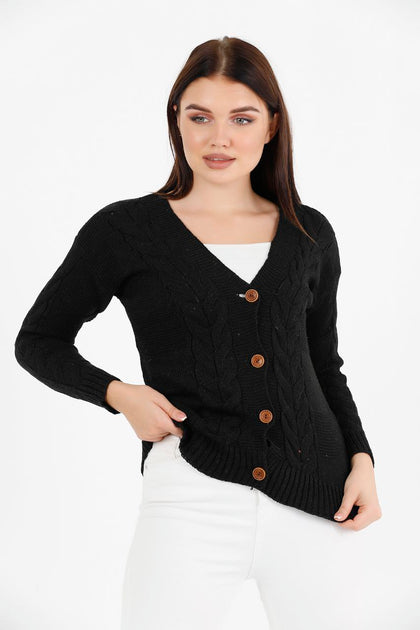 Women's Knitted Cable Knit Cardigan Button Detail by Memnu - MEWS833