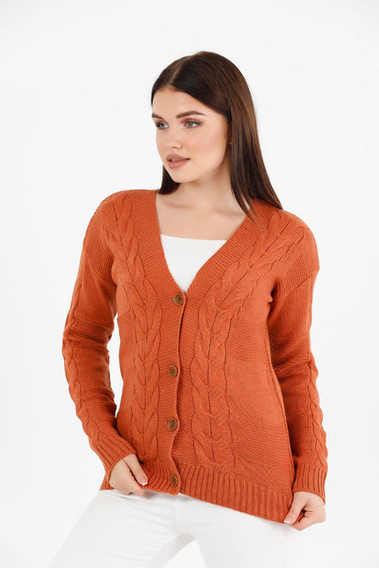 Women's Knitted Cable Knit Cardigan Button Detail by Memnu - MEWS834