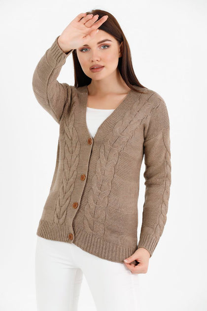 Women's Knitted Cable Knit Cardigan Button Detail by Memnu - MEWS837