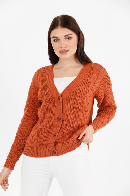 Women's Knitted Cable Knit Cardigan Button Detail by Memnu - MEWS836