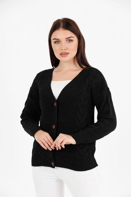 Women's Knitted Cable Knit Cardigan Button Detail by Memnu - MEWS838