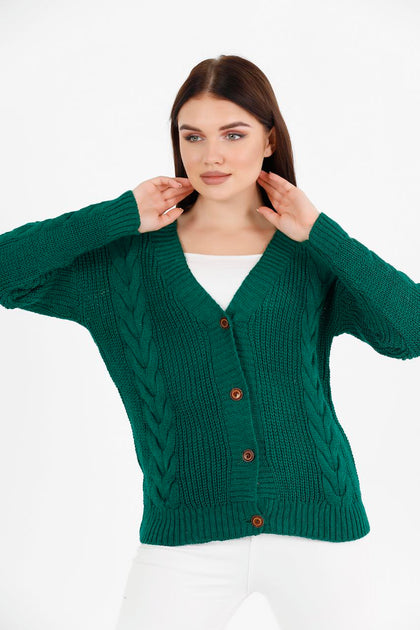 Women's Knitted Cable Knit Cardigan Button Detail by Memnu - MEWS839