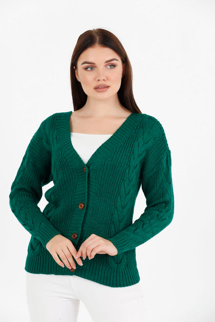 Women's Knitted Cable Knit Cardigan Button Detail by Memnu - MEWS839