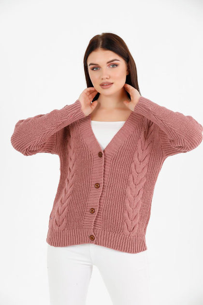 Women's Knitted Cable Knit Cardigan Button Detail by Memnu - MEWS840