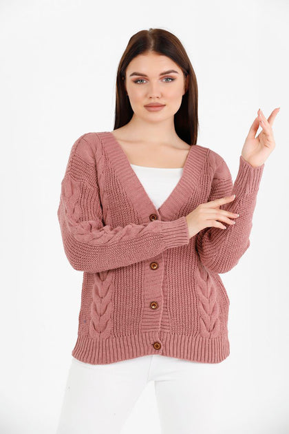 Women's Knitted Cable Knit Cardigan Button Detail by Memnu - MEWS840