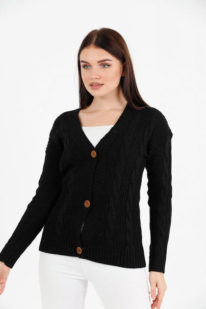 Women's Knitted Cable Knit Cardigan Button Detail by Memnu - MEWS842