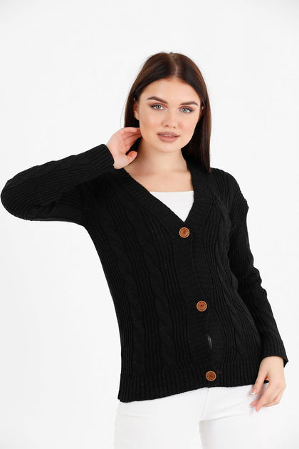 Women's Knitted Cable Knit Cardigan Button Detail by Memnu - MEWS842