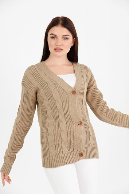 Women's Knitted Cable Knit Cardigan Button Detail by Memnu - MEWS844