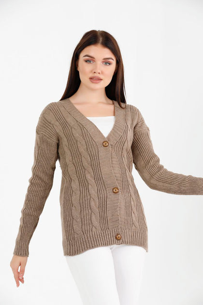 Women's Knitted Cable Knit Cardigan Button Detail by Memnu - MEWS843