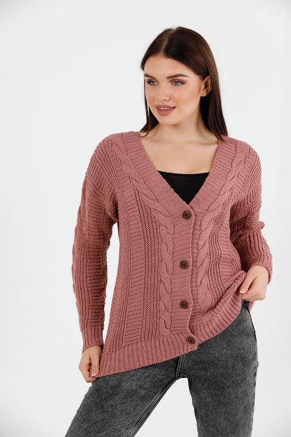 Women's Knitted Cable Knit Cardigan Button Detail by Memnu - MEWS845